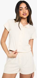 Zacht Ribgebreide Korte Mouwen Knoopdoorlopend Overhemd & Shorts Lounge Set, Cream - 34