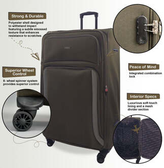 Zachte 3-delige bagageset met 8 wielen en lichte reiskoffers Kaki - One Size