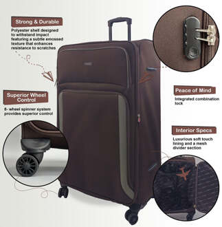 Zachte bagage met 8 wielen, lichte reiskoffers Bruin - XL