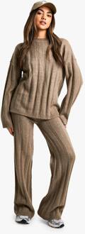 Zachte Brede Rib-Trui Met Blootgestelde Naad En Coörd Set Met Wijde Pijpen, Mocha