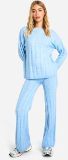 Zachte Brede Ribgebreide Blootgestelde Naadtrui En Wijde Pijp Co-Ord Set, Baby Blue