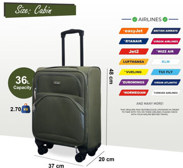Zachte cabinekoffer 48 x 37 x 20 cm Veilige reiskoffer Geschikt voor Easyjet, Ryanair Groen