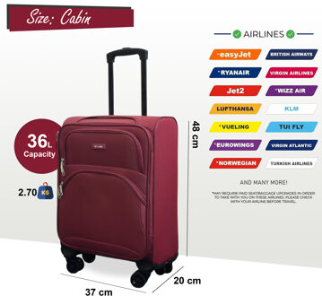 Zachte cabinekoffer 48 x 37 x 20 cm Veilige reiskoffer Geschikt voor Easyjet, Ryanair Rood