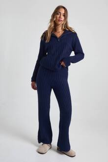 Zachte Gebreide Dikke Rib Met Ritssluiting Bij De Nek, Oversized Trui En Set Met Wijde Pijp Broek, Navy