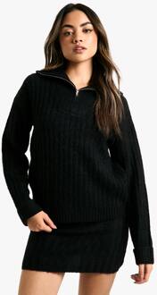 Zachte Gebreide Dikke Rib Met Ritssluiting En Oversized Sweater Met Mini Rok Set, Black - XS