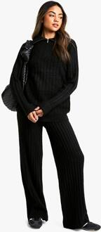 Zachte Gebreide Dikke Rib Zip-Halzen Oversized Trui En Set Met Wijde Pijpen, Black