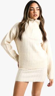 Zachte Gebreide Dikke Ribtrui Met Ritssluiting En Oversized Sweater En Minirok Set, Ecru