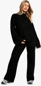 Zachte Gebreide Dikke Ribtrui Met Ronde Hals En Oversized Sweater En Gebreide Broekset, Black