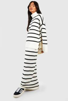 Zachte Gebreide Gestreepte Trui & Maxi Rok Set, Ivory - L