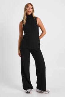 Zachte Gebreide Lange Rolhals Mouwloze Trui En Wijde Broek Co-Ord, Black