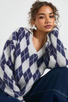 Zachte Gebreide Oversized Trui Met Argyle Kraag, Navy