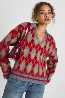 Zachte Gebreide Oversized Trui Met Argylekraag, Red