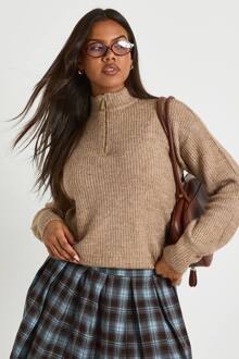 Zachte Gebreide Oversized Trui Met Ritssluiting, Taupe - L