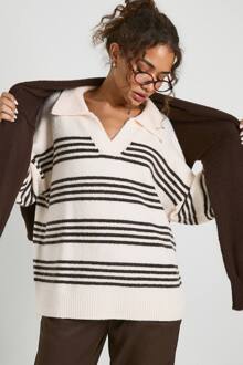Zachte Gebreide Trui Met Gestreepte Polo Kraag, Ecru - L