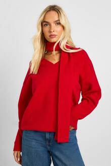 Zachte Gebreide V-Hals Trui En Sjaal, Red - L