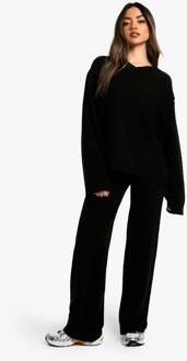 Zachte Gebreide V-Hals Trui En Wijde Pijpen Gebreide Co-Ord, Black - M