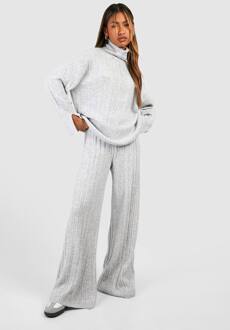 Zachte Gemengde Ribgebreide Broek Met Wijde Pijpen, Silver