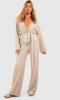 Zachte Gemengde Ribgebreide Broek Met Wijde Pijpen, Taupe