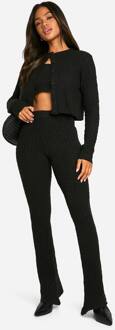 Zachte Kabelgebreide Cardigan, Crop Top En Flare Broek 3-Delige Set, Black - M