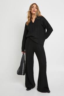 Zachte Kabelgebreide Trui Met Polocaak En Broek Met Wijde Pijpen Co-Ord, Black - S
