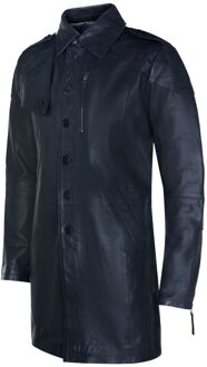 Zachte lange militaire trenchcoat van noodlijdend leer - maat M Zwart