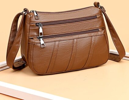 Zachte Lederen Gevoel Vrouwen Schouder Messenger Bag Mode Vrouwen Casual Multi-layer Grote Capaciteit mobiele Telefoon Tas Bruin