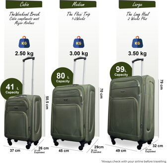 Zachte, lichtgewicht kaki nylon reiskoffer met 4 wielen, vakantiekoffer - S