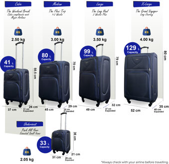 Zachte, lichtgewicht marineblauwe nylon kofferset met 4 wielen, reiskoffer en vakantietassen Navy - One Size