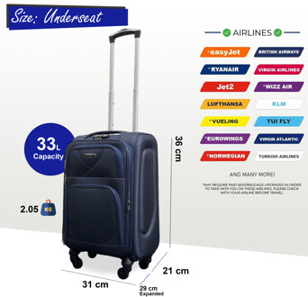 Zachte, lichtgewicht nylon 4-wielige handbagagekoffer voor op reis Navy - XS