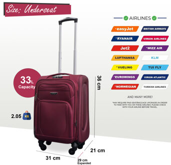 Zachte, lichtgewicht nylon 4-wielige handbagagekoffer voor op reis Wijnrood - XS