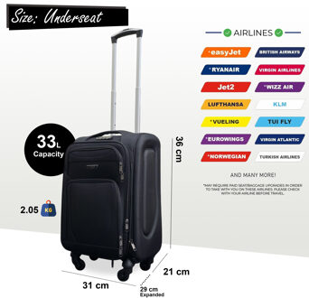 Zachte, lichtgewicht nylon 4-wielige handbagagekoffer voor op reis Zwart - XS