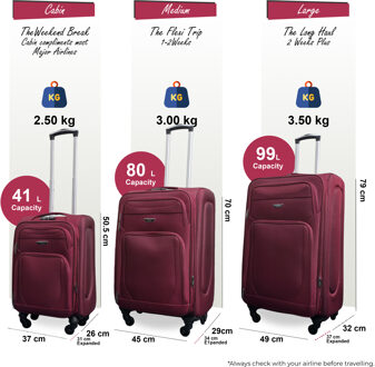 Zachte, lichtgewicht wijnkleurige nylon reiskoffer met 4 wielen, vakantiekofferset Wijnrood - One Size