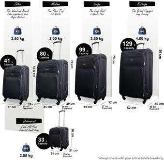 Zachte, lichtgewicht zwarte nylon kofferset met 4 wielen, reiskoffer en vakantietassen - One Size