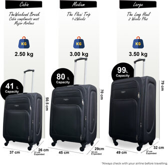 Zachte, lichtgewicht zwarte nylon reiskoffer met 4 wielen, vakantiekoffer