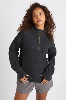 Zachte Oversized Gebreide Trui Met Ritssluiting Aan De Nek, Charcoal - L