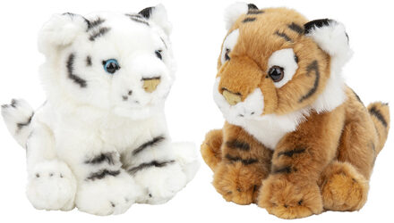 Zachte pluche knuffels 2x stuks - bruine en witte Tijger van 18 cm