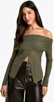 Zachte Rib Bardot Top Met Gespleten Zoom, Khaki - 36