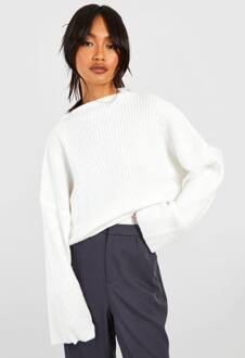 Zachte Ribgebreide Trui Met Hoge Kraag, Ivory - L