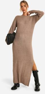 Zachte Ribgebreide Zij-Split Midaxi-Jurk, Taupe - S