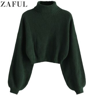 Zaful Coltrui Lange Lantaarn Mouwen Cropped Trui Roll Neck Schouder Solid Jumper Korte Elastische Vrouwen Truien Trui groen / S