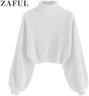 Zaful Coltrui Lange Lantaarn Mouwen Cropped Trui Roll Neck Schouder Solid Jumper Korte Elastische Vrouwen Truien Trui wit / M