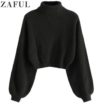 Zaful Coltrui Lange Lantaarn Mouwen Cropped Trui Roll Neck Schouder Solid Jumper Korte Elastische Vrouwen Truien Trui zwart / S