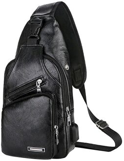 Zakelijke Tas Mode Mannen Lederen Usb Draagbare Opladen Casual Sport Rugzak Crossbody Schoudertas Borst Zak zwart