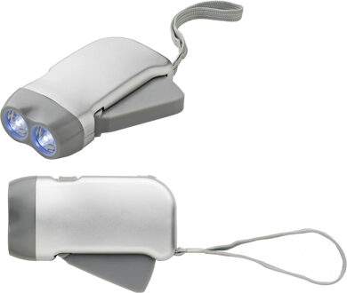 Zaklamp knijpkat/dynamo - 2x - dubbele LED - Zilver - Batterij loos verlichten