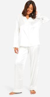 Zebra Jacquard Streep Satijn Broek Pyjama Overhemd Set, White - 34