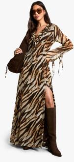Zebra Ruffle Tie Sleeve Belted Chiffon Maxi Jurk, Brown - 36