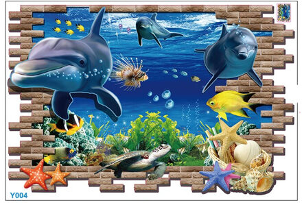 Zee Dolfijn Oceaan Venster Vis onderwater 3d Muurstickers voor Kinderkamer Decoratie sticker decals Badkamer Decoratie