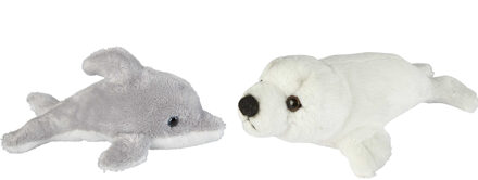 Zeedieren serie zachte pluche knuffels 2x stuks - Dolfijn en Zeehond pup van 15 cm - Knuffel zeedieren Multikleur