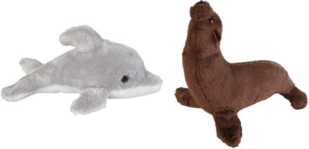Zeedieren serie zachte pluche knuffels 2x stuks - Dolfijn en Zeeleeuw van 15 cm