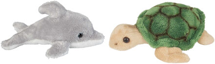 Zeedieren serie zachte pluche knuffels 2x stuks - Dolfijn en Zeeschildpad van 15 cm